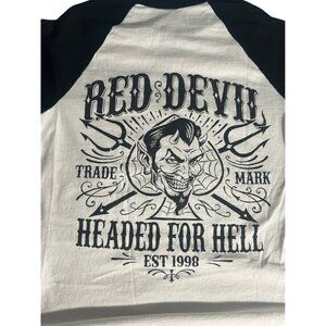 Red Devil Raglan Baseball Tee M 100%Cotton Black White Long Sleeve Graphic Shirt